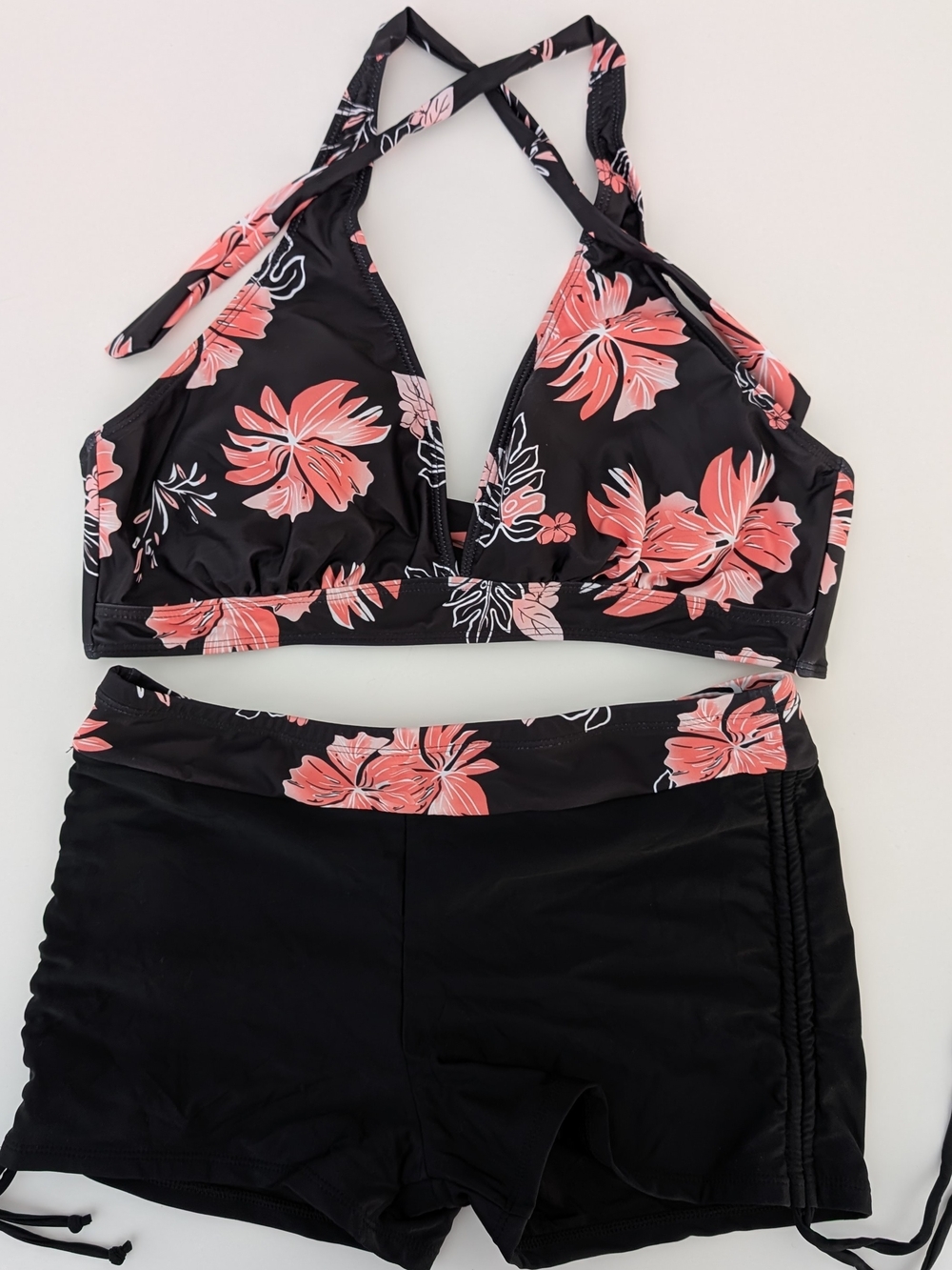 Holipick Swimsuit Women’s L Black Floral Halter Tankini Set with Coral Flowers